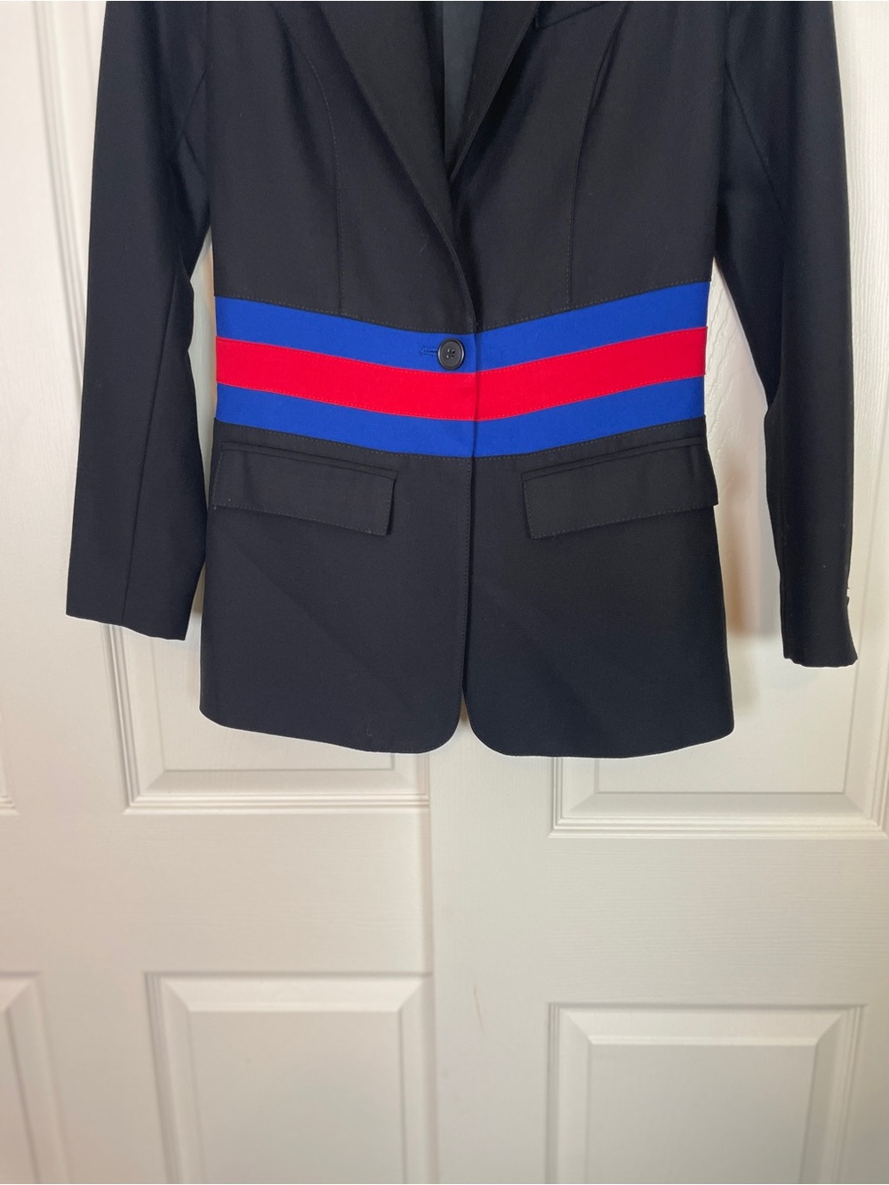 SMYTHE Black Wool Tailored Blazer Red Royal Blue Waist Stripe Sz 2 - Picture 4 of 9